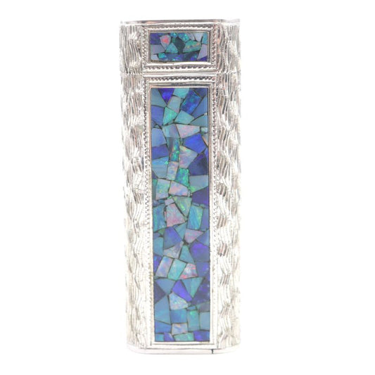 Cartier Oval Opal Mosaic Outer Jacket Roller Gas Lighter Silver Blue Men's