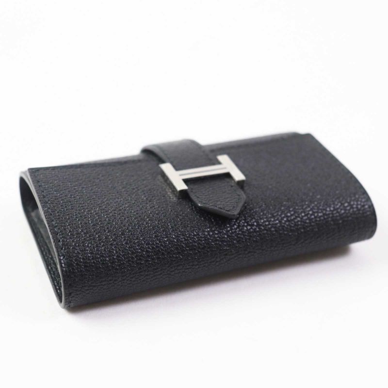 Hermes Bearn Silver Hardware Chèvre Key Case Black With W Engraved Box Made In