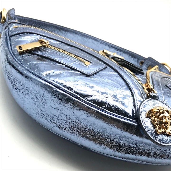 Versace Medusa Metallic Leather Repeat Hobo 2-Way Hand Shoulder Bag Blue