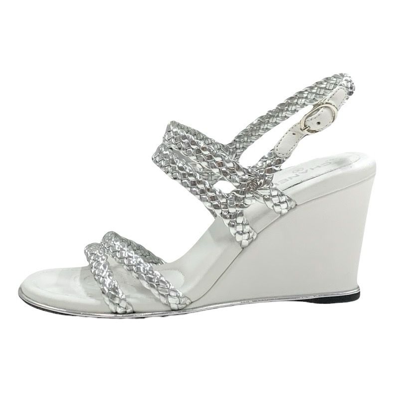 Chanel Sandals Shoes Leather Silver White Coco Mark Strap Wedge Sole