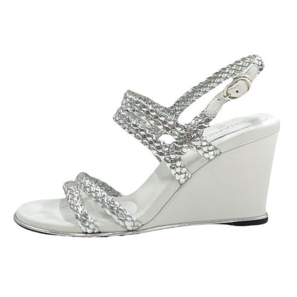Chanel Sandals Shoes Leather Silver White Coco Mark Strap Wedge Sole