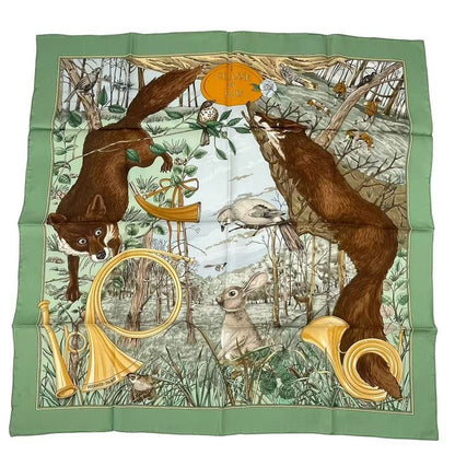 Hermes Carre 90 Chasse Au BOIS Hunting In The Woods Scarf Silk Green