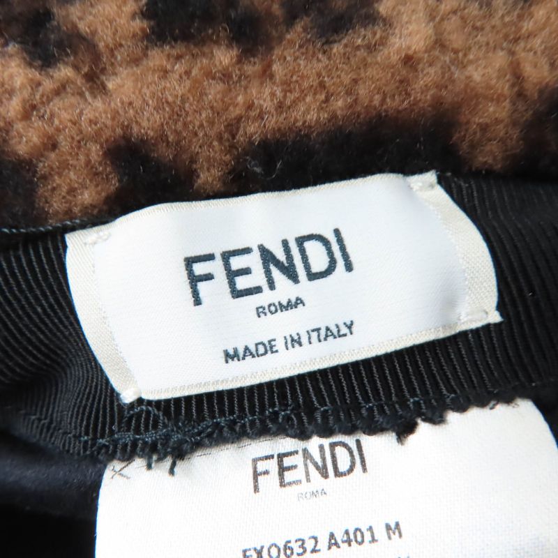 Fendi Fxq632 100% Silk Lined FF Logo Zucca Pattern Mouton Hat Brown Black M