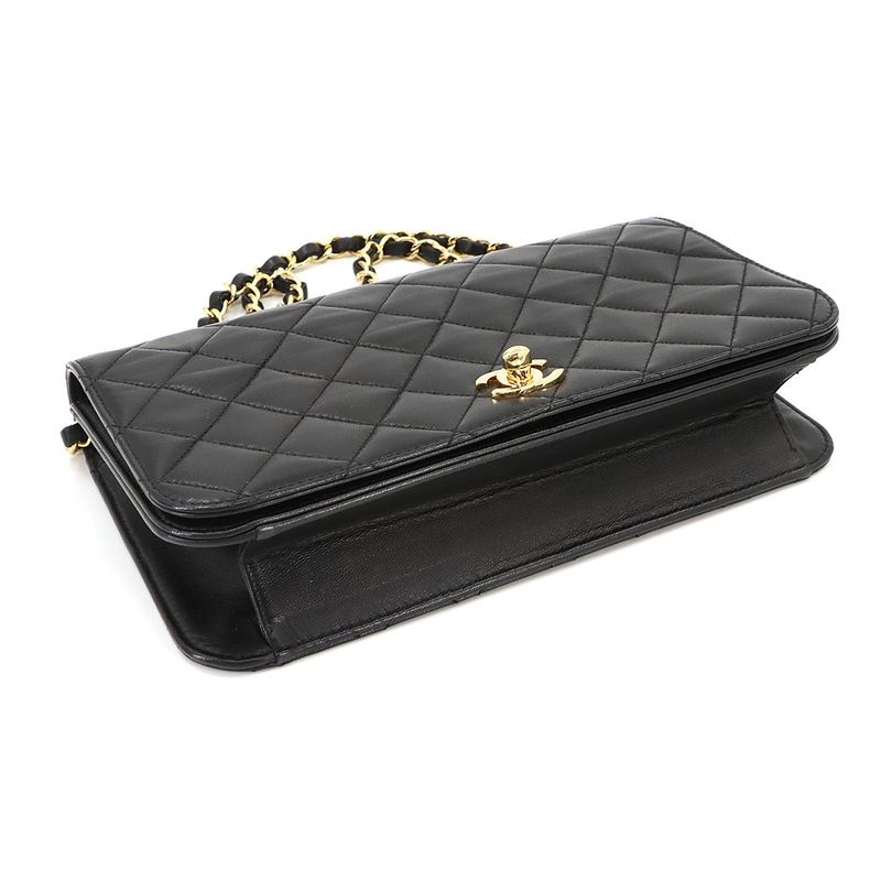 Chanel Matelasse Chain Shoulder Bag Lambskin Black Gold Hardware Turnlock