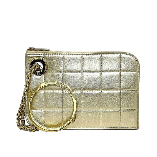 Chanel Clutch Bag Gold Choco Bar Excellent Condition Leather Lambskin