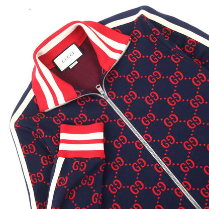 Gucci 496919 100% Cotton GG Jacquard Logo Zip Sideline Track Jacket Navy Red