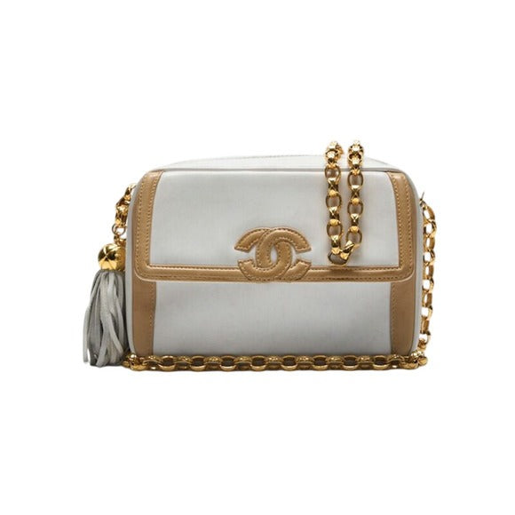 Chanel Coco Mark Fringed Bijoux Chain Shoulder Bicolor Lambskin White And Beige