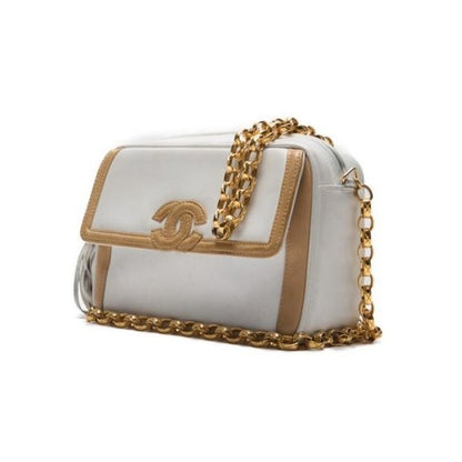 Chanel Coco Mark Fringed Bijoux Chain Shoulder Bicolor Lambskin White And Beige