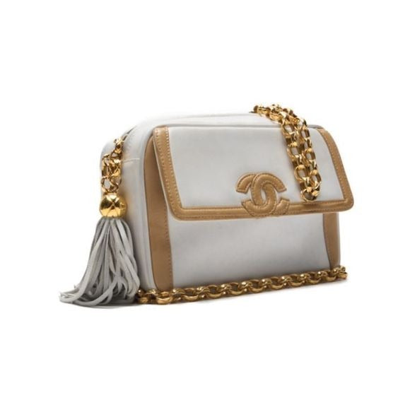 Chanel Coco Mark Fringed Bijoux Chain Shoulder Bicolor Lambskin White And Beige