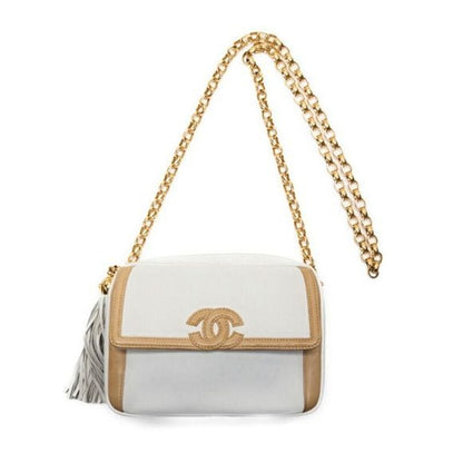 Chanel Coco Mark Fringed Bijoux Chain Shoulder Bicolor Lambskin White And Beige