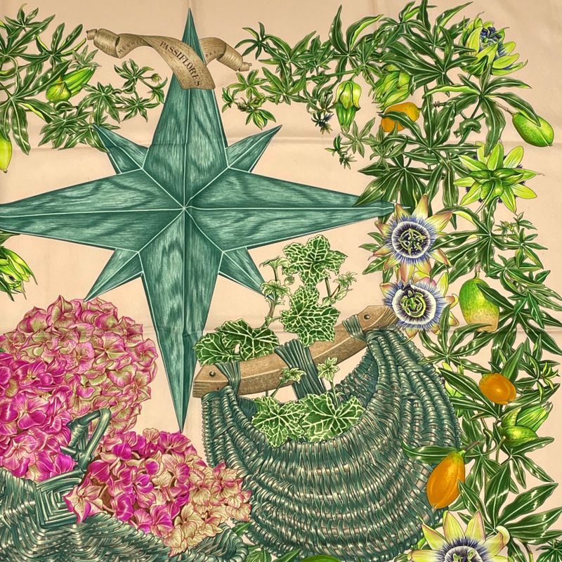 Hermes Carre 90 Passiflores Passion Flower Beige 100% Silk Scarf