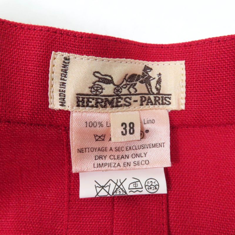 Hermes 100% Linen Front Button Flared Skirt With Caleche Embroidery Red 38 Made
