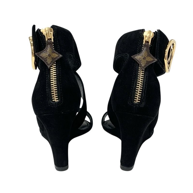 Louis Vuitton Horizon Line Sandals Shoes Suede Black Gold Lvhardware Wedge Sole