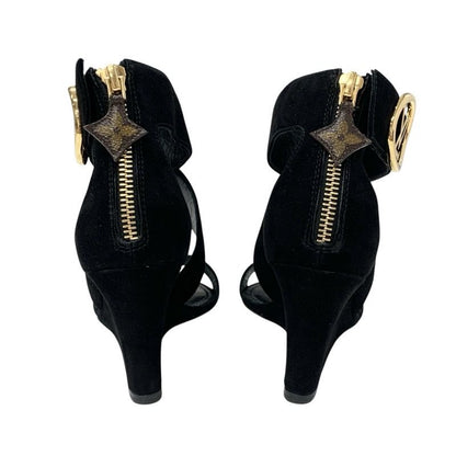 Louis Vuitton Horizon Line Sandals Shoes Suede Black Gold Lvhardware Wedge Sole