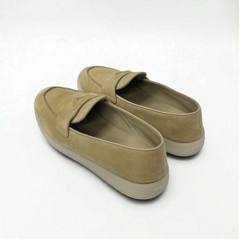 Prada Loafers Leather Shoes Suede Beige Gold Triangle Logo