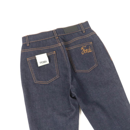 Fendi Flp673 Leather Denim Pants With Logo Patch And Logo Button Bottoms Indigo