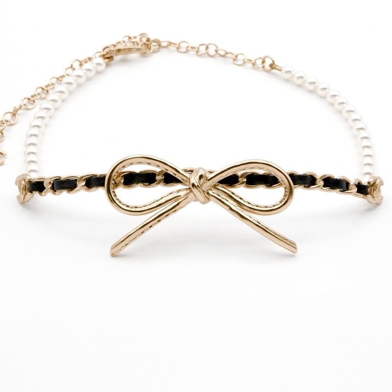 Chanel Necklace Pendant Choker Gold Coco Mark Ribbon Chain Lambskin