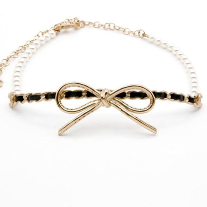 Chanel Necklace Pendant Choker Gold Coco Mark Ribbon Chain Lambskin