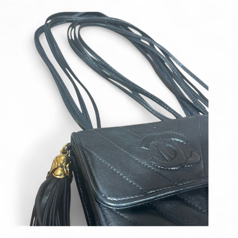 Chanel ⑤ Tassel Mini Shoulder Bag Women Black FREE