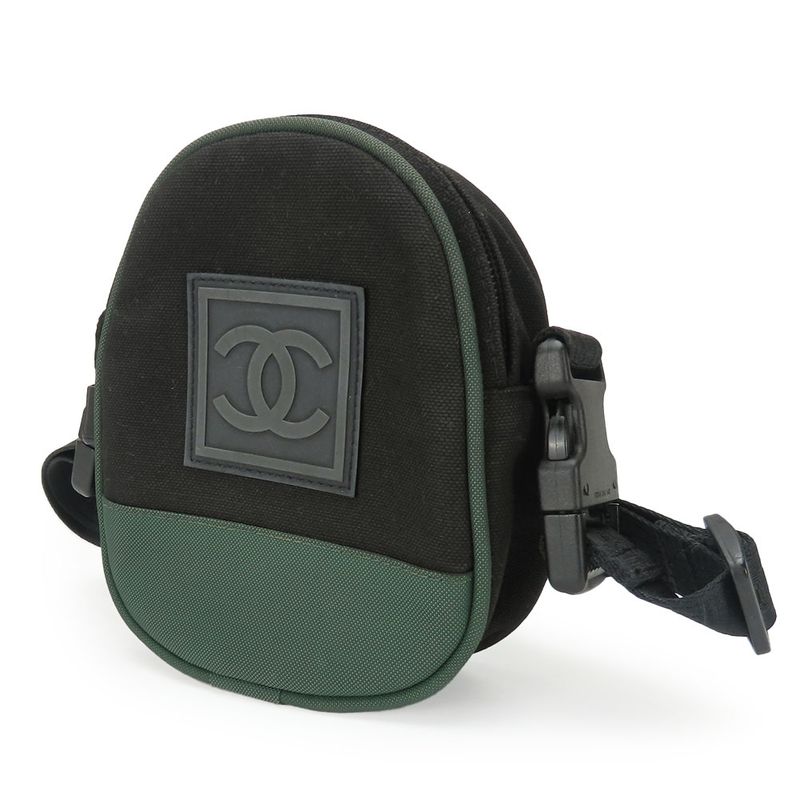 Chanel Shoulder Bag Coco Mark Canvas Black Khaki Pochette Sport 8 Series Ladies