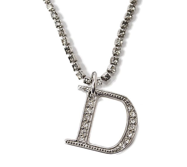 Christian Dior Necklace Vintage Double Chain Logo Rhinestone Silver