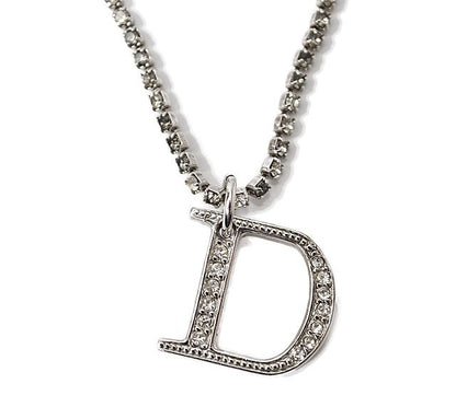 Christian Dior Necklace Vintage Double Chain Logo Rhinestone Silver