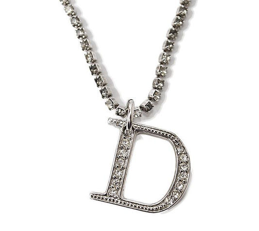 Christian Dior Necklace Vintage Double Chain Logo Rhinestone Silver