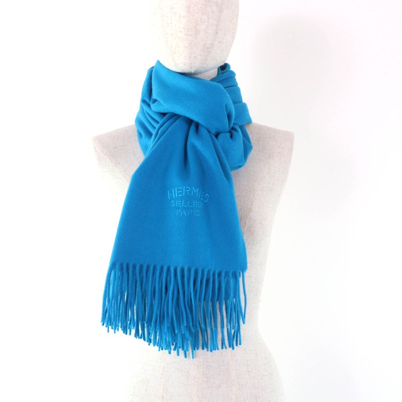 Hermes 100% Cashmere Logo Embroidered Large Size Scarf With Fringe Shawl Scarf