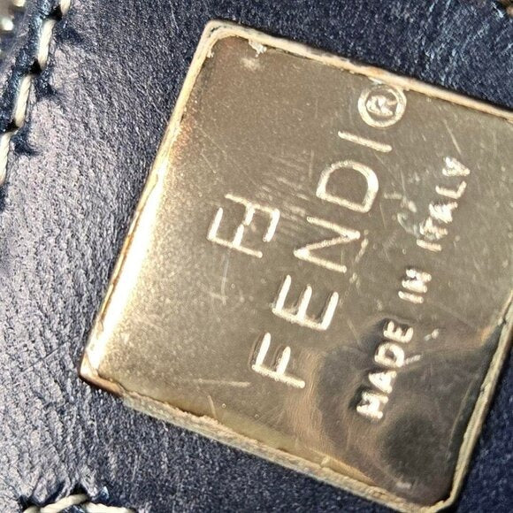 Fendi Mamma Zucca Bucket Baguette Navy Tan Flap Bag Purse Tote FF