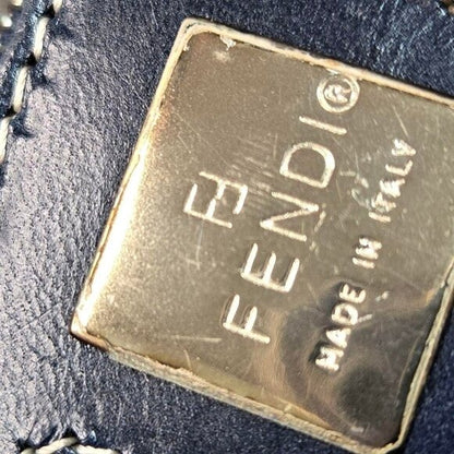 Fendi Mamma Zucca Bucket Baguette Navy Tan Flap Bag Purse Tote FF