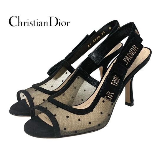 Christian DIOR Jadior Sandals Shoes Mesh Suede Black Rhinestone Dot Ring Back