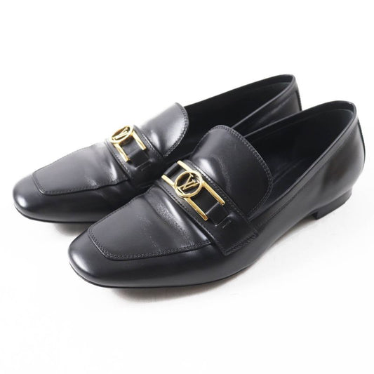 Louis Vuitton 2020 Square Toe Leather Loafers With LV Logo Hardware Black Gold