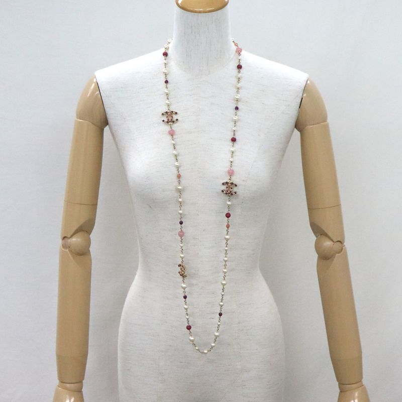 Chanel 3coco Mark Long Chain Necklace Pearl Multicolor Stone Gold