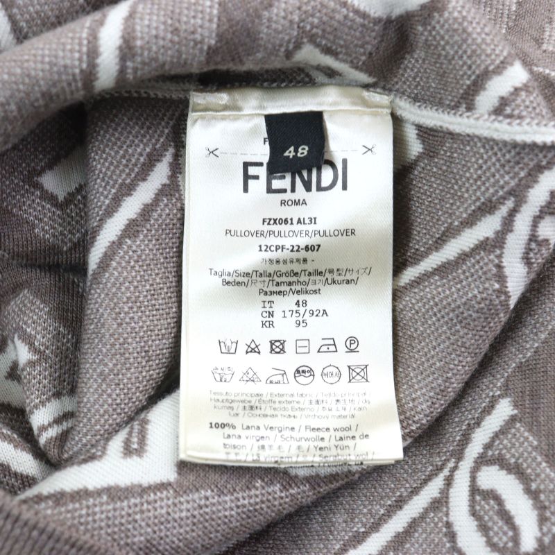 Fendi 2022 Fzx061 100% Virgin Wool FF Logo Orock Chain Allover Pattern Crew