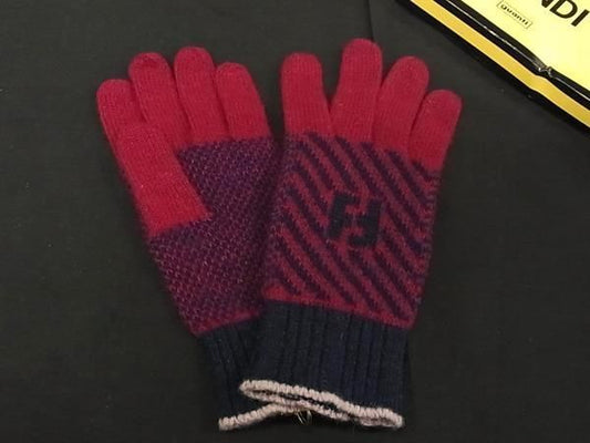 Fendi 60% Wool X 20% Angora X 20% Nylon Gloves Burgundy X Navy Fc6079
