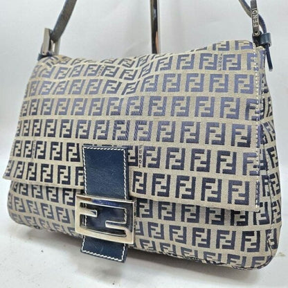 Fendi Mamma Zucca Bucket Baguette Navy Tan Flap Bag Purse Tote FF