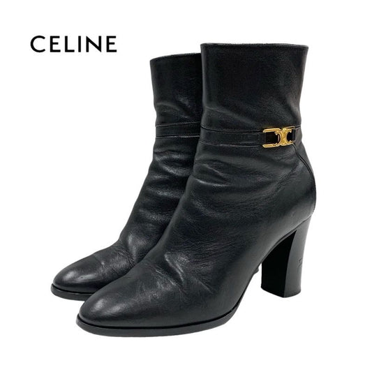 Celine Boots Short Boots Shoes Leather Black Gold Triomphe