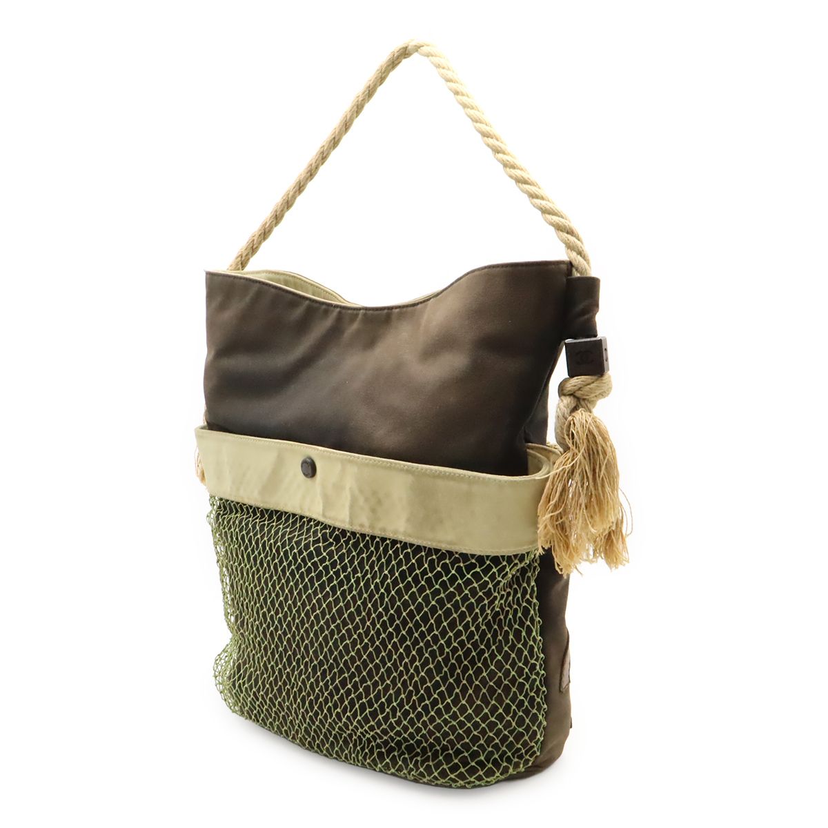 Chanel Fishnet Rope Coco Mark Camellia Tote Handbag Canvas Leather Wood Black