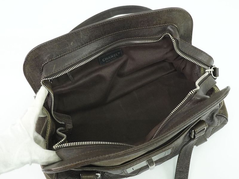 Authentic Chanel Caviar Skin Leather Canvas Shoulder Bag Tote Bag Brown Bag