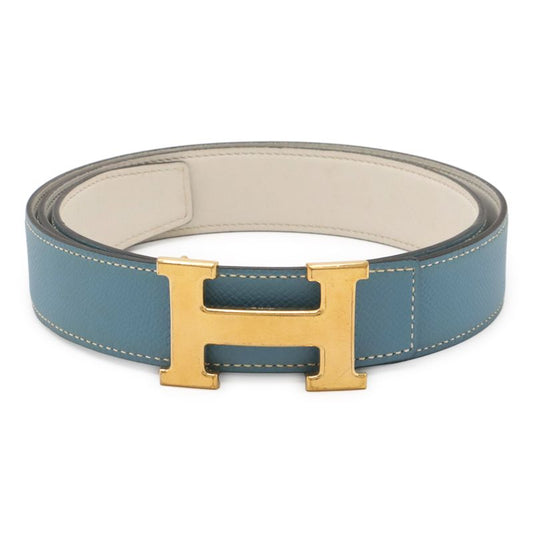 Hermes H Belt H Buckle Reversible Togo Leather Blue Jean Light Blue White Gold