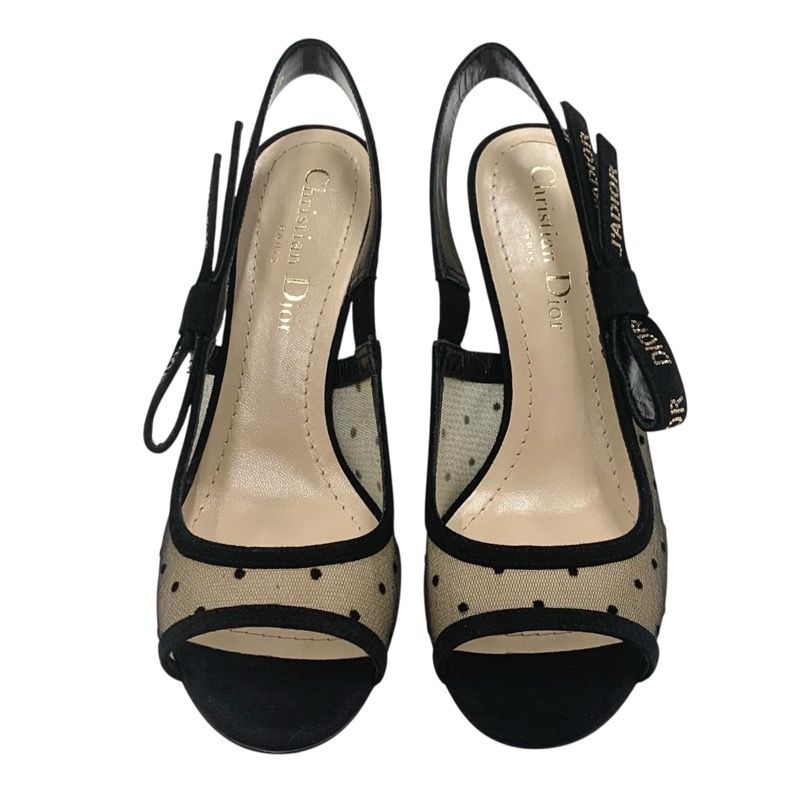 Christian DIOR Jadior Sandals Shoes Mesh Suede Black Rhinestone Dot Ring Back