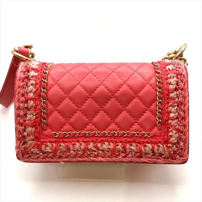 Chanel CC Logo Tweed Lambskin Chain Shoulder Bag Pink Gold