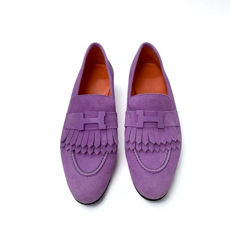 Hermes Royale Loafer Leather Shoes Suede Purple Moccasin Flat Hhardware