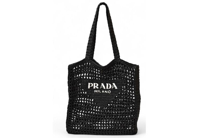 Prada Tote Prada Bag Logo Raffia Cago Black White 1bg393