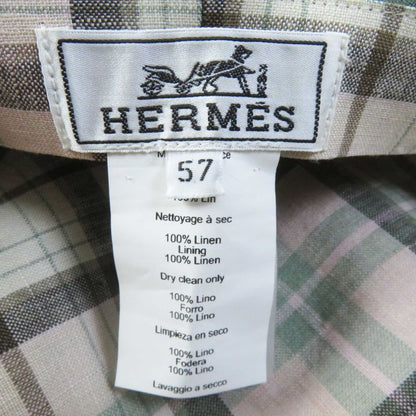 Hermes Paola 100% Linen Logo Embroidery Checkered Lining Cassock Khaki 57 Made