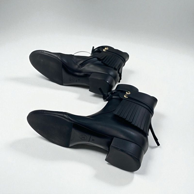 Chanel Boots Short Boots Shoes Leather Black Here Mark Fringe