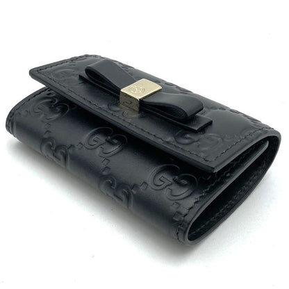 Gucci 388682 Key Case Leather Silver Hardware Ribbon Black Ladies Simple Fashion