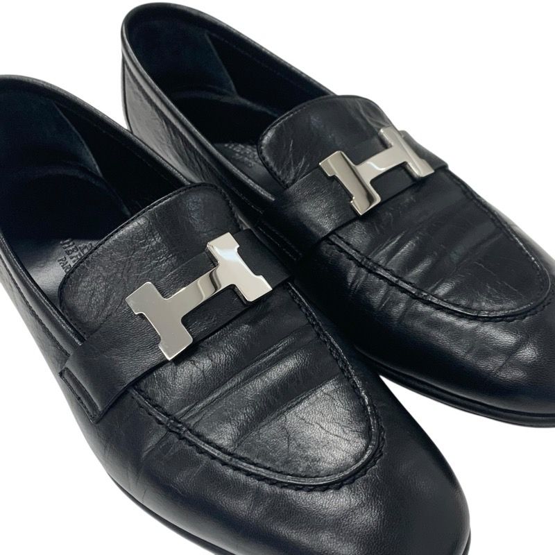 Hermes Paris Loafer Leather Shoes Leather Black Silver Hhardware Moccasin Flat