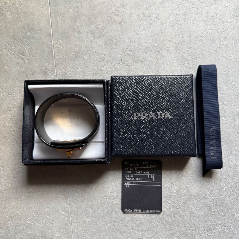 Prada Saffiano Leather Logo Belt Bracelet Turnlock Black Gold Women's Size S