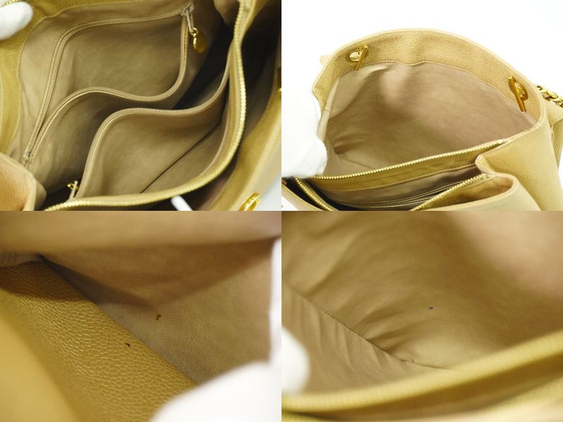 Authentic Chanel Coco Mark Shoulder Bag Tote Bag Caviar Skin Leather Beige Coco